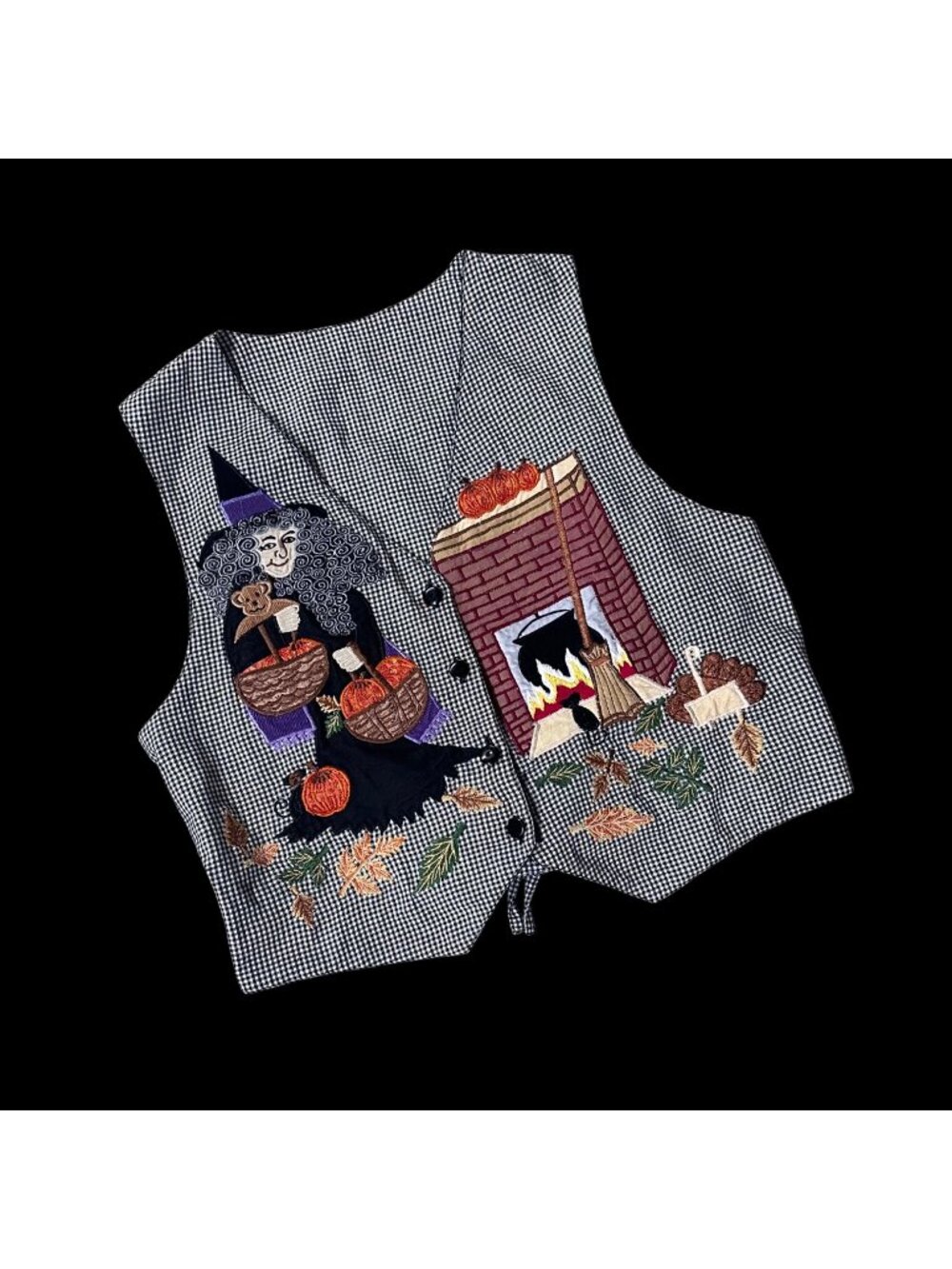 Vintage Halloween Witch Reversible Vest Fall Leaves Button Front Gingham Black